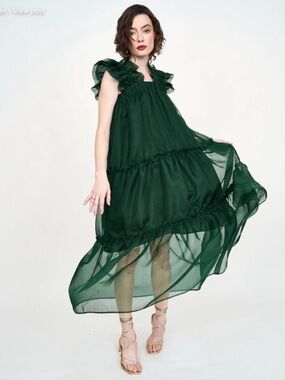 NWT Inclan Studio Inwood Silk Organza Maxi Dress Forest Green Size XS
